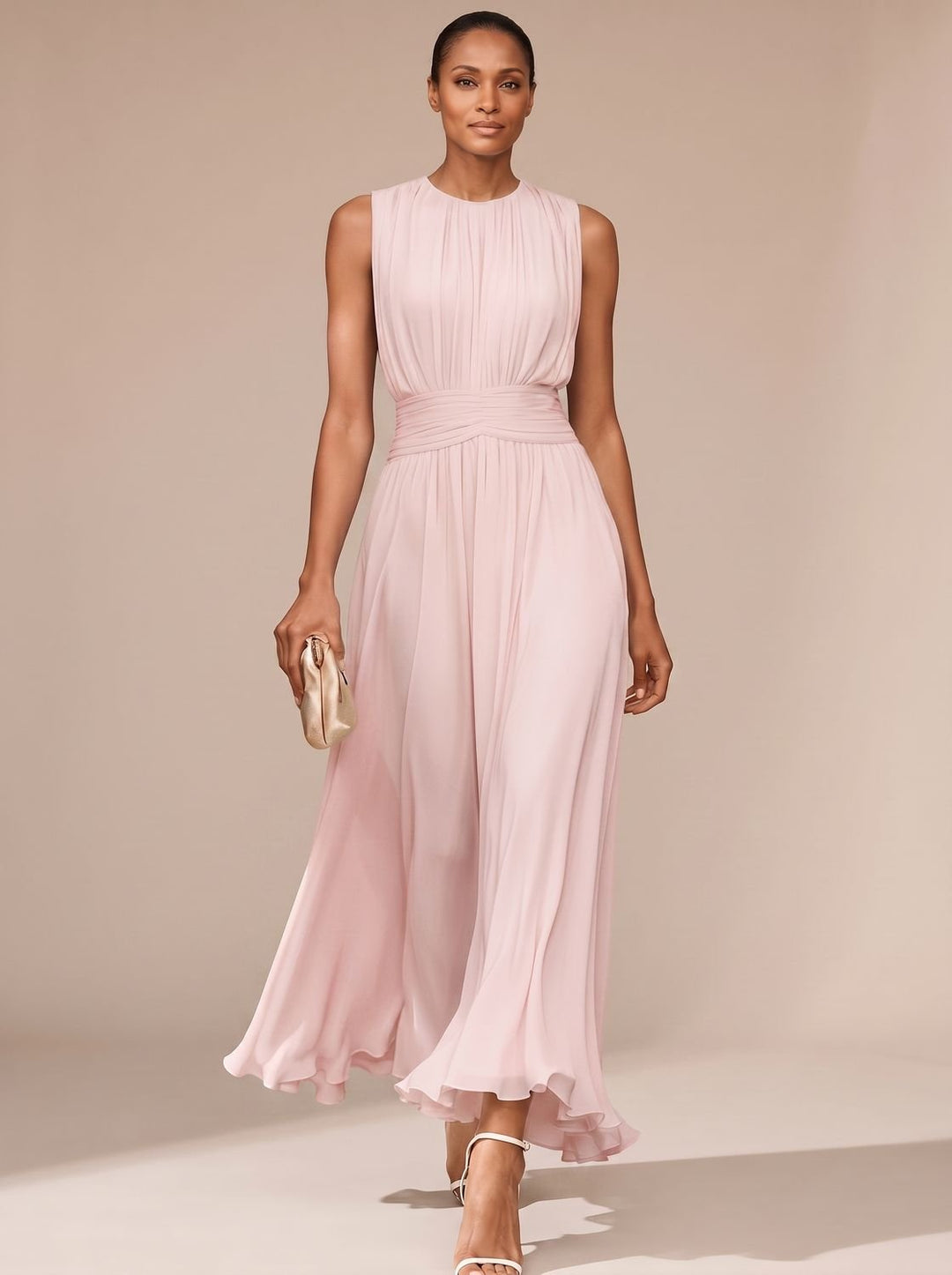 Women's Maxi Dress – Pleated Ruched Waist