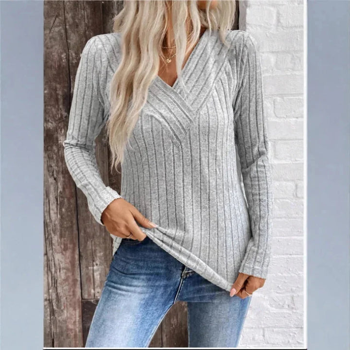 Women's Slim-Fit Ribbed Knit Sweater – V-Neck Long-Sleeves