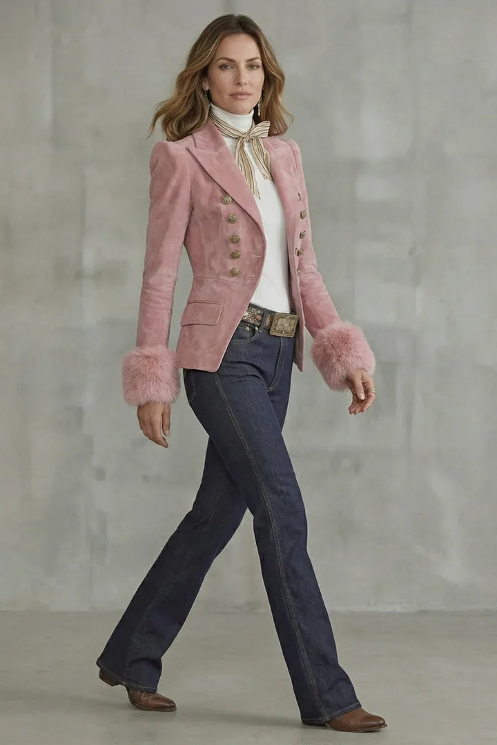 Women's Slim Fit Suede Blazer – Faux Fur Cuffs