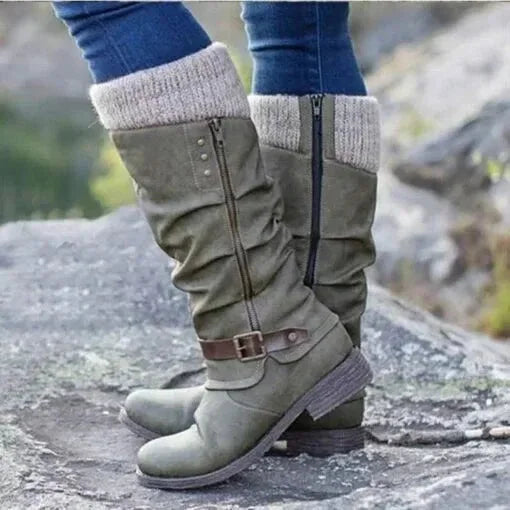 Women's Slouchy Knit-Cuff Mid-Calf Boots – Side-Zipper And Buckle
