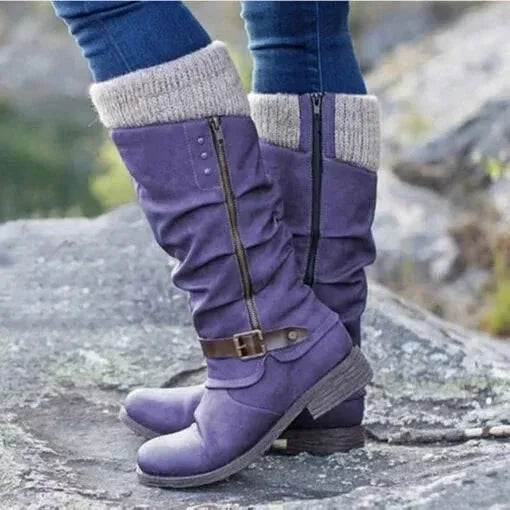Women's Slouchy Knit-Cuff Mid-Calf Boots – Side-Zipper And Buckle