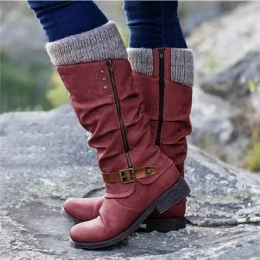 Women's Slouchy Knit-Cuff Mid-Calf Boots – Side-Zipper And Buckle