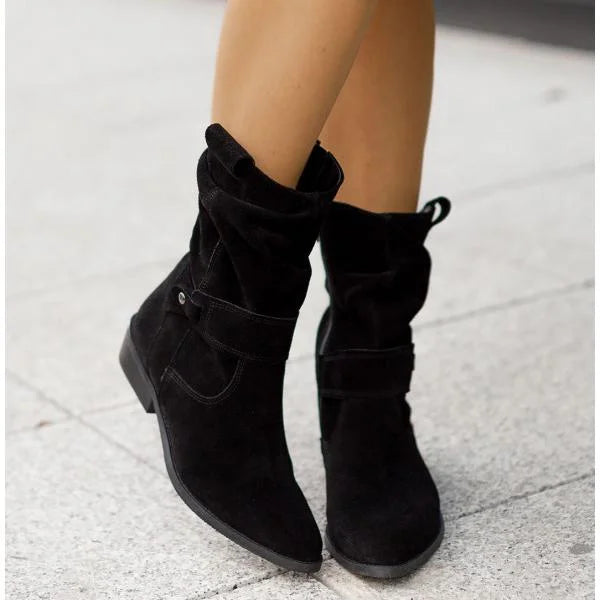 Women's Slouchy Suede Ankle Boots – Zipper Closure And Buckle-Strap