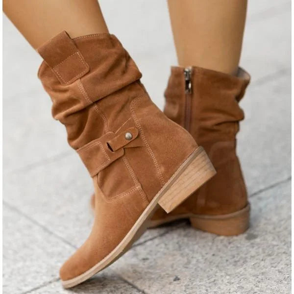 Women's Slouchy Suede Ankle Boots – Zipper Closure And Buckle-Strap