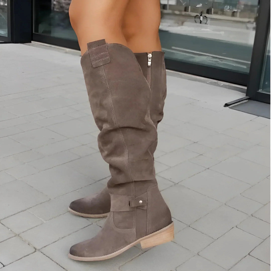 Women's Slouchy Suede Knee-High Boots – Side Zipper And Buckle