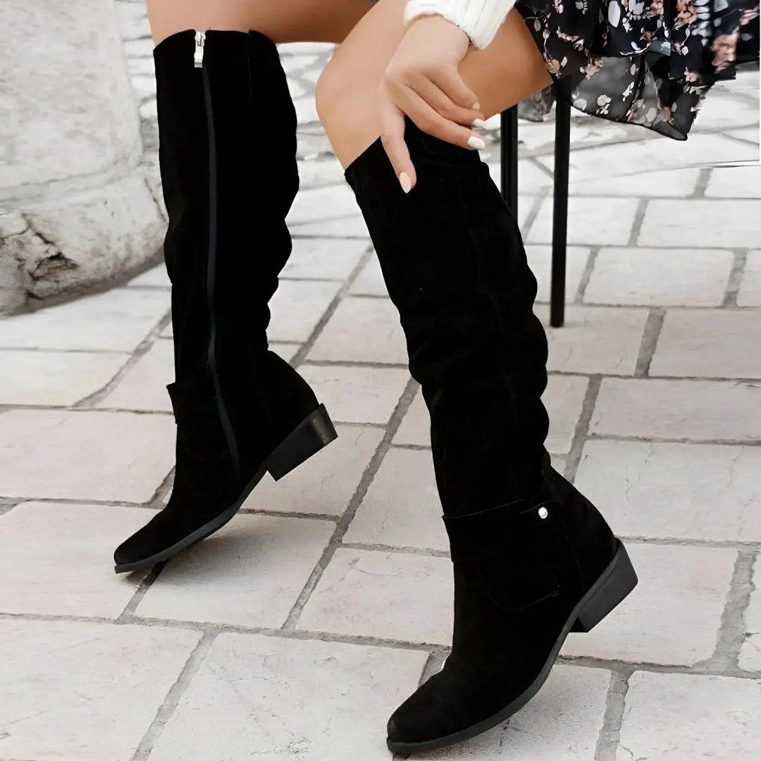 Women's Slouchy Suede Knee-High Boots – Side Zipper And Buckle