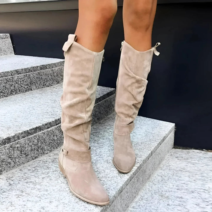 Women's Slouchy Suede Knee-High Boots – Side Zipper And Buckle