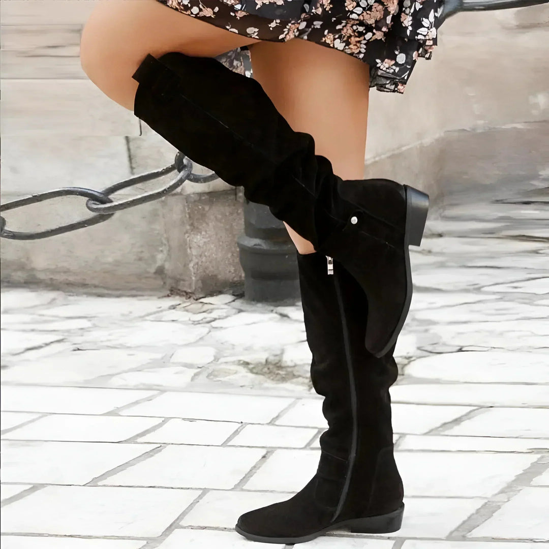 Women's Slouchy Suede Knee-High Boots – Side Zipper And Buckle
