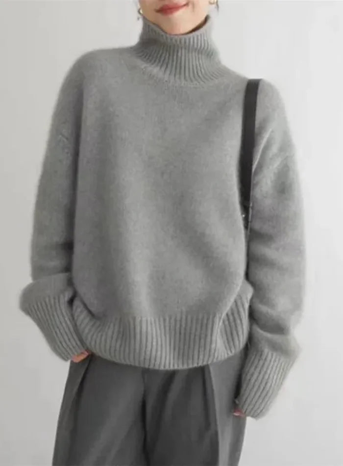 Women's Soft Cream Turtleneck Knit Sweater – Ribbed Cuffs And Relaxed Fit