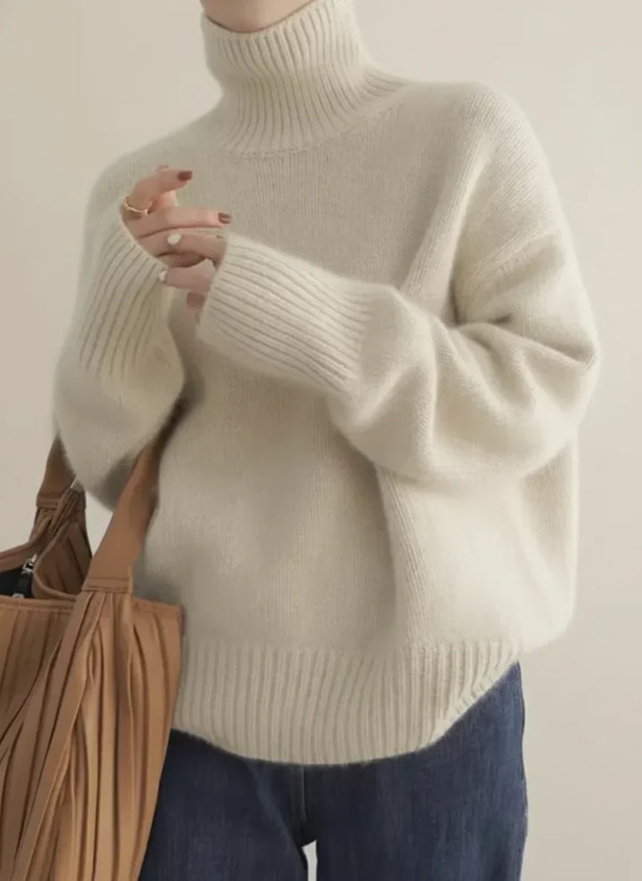 Women's Soft Cream Turtleneck Knit Sweater – Ribbed Cuffs And Relaxed Fit