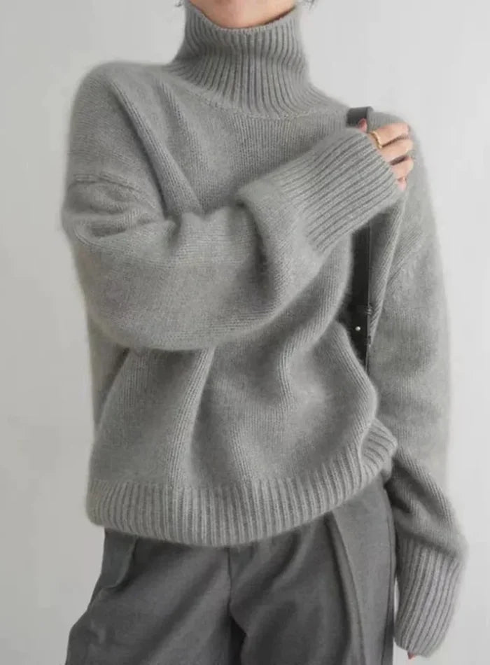 Women's Soft Cream Turtleneck Knit Sweater – Ribbed Cuffs And Relaxed Fit