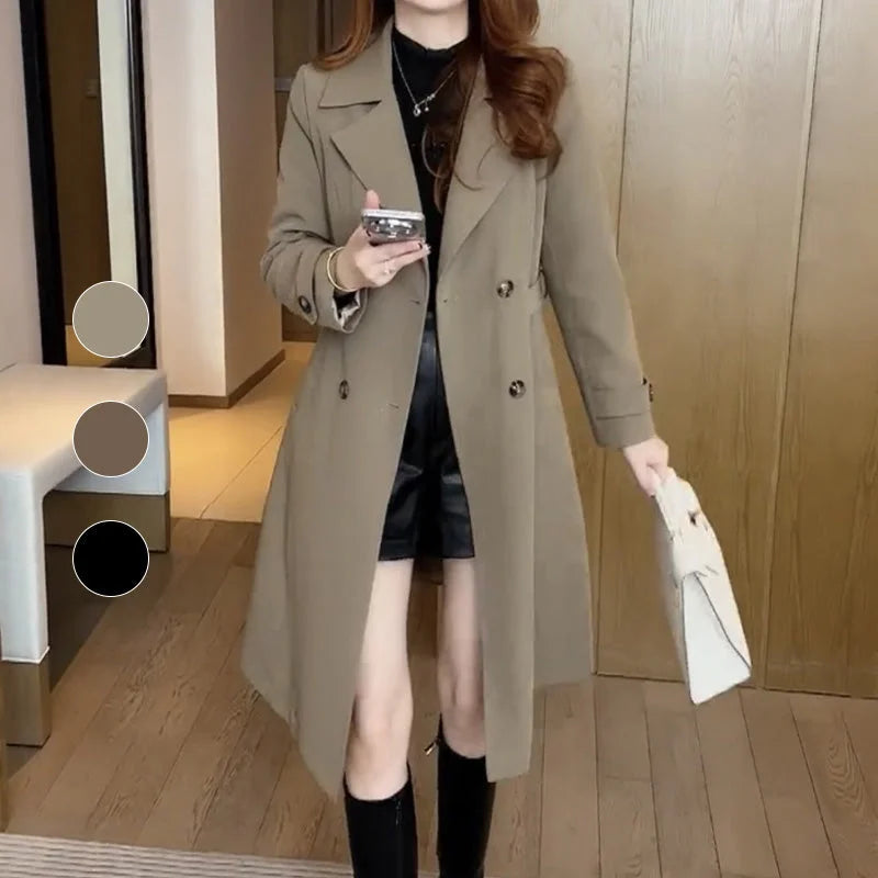 Women's Solid Midi Coat – Double-Breasted Closure