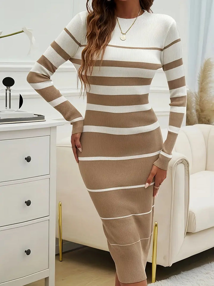 Women's Midi Dress – Striped Ribbed Knit Long Sleeve