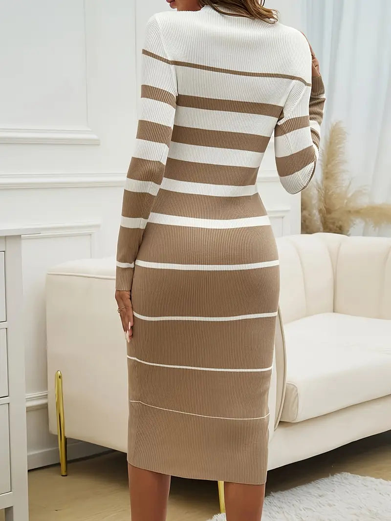 Women's Midi Dress – Striped Ribbed Knit Long Sleeve