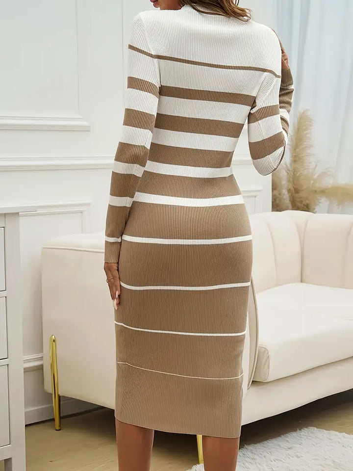 Women's Midi Dress – Striped Ribbed Knit Long Sleeve