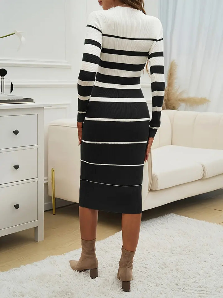Women's Midi Dress – Striped Ribbed Knit Long Sleeve