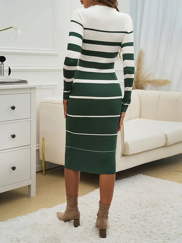 Women's Midi Dress – Striped Ribbed Knit Long Sleeve