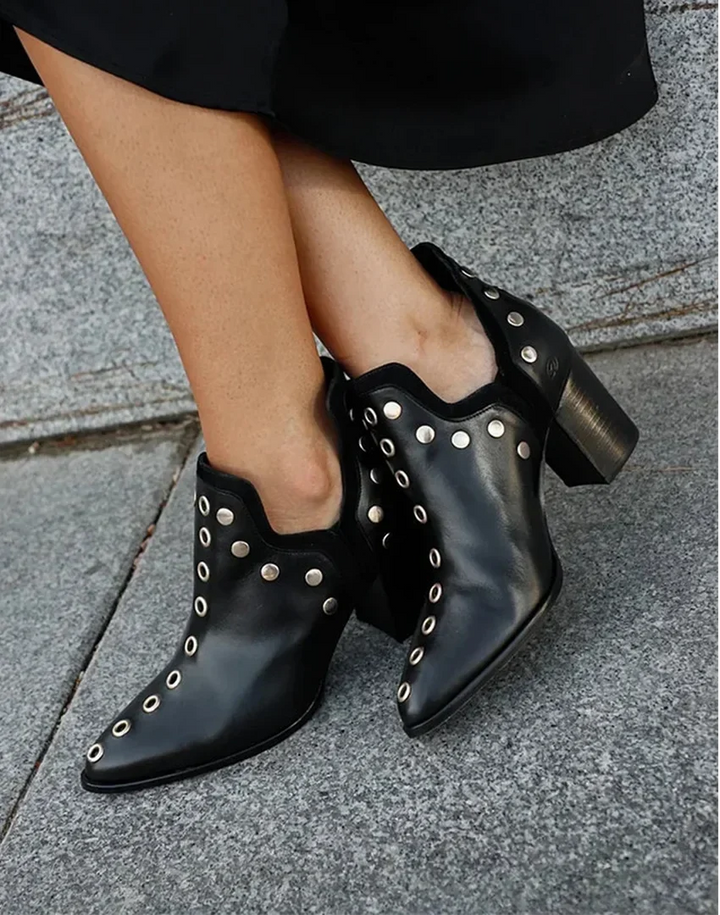 Women's Studded Leather Pointed-Toe Ankle Boots – Wide-Heel And Scalloped-Ankle