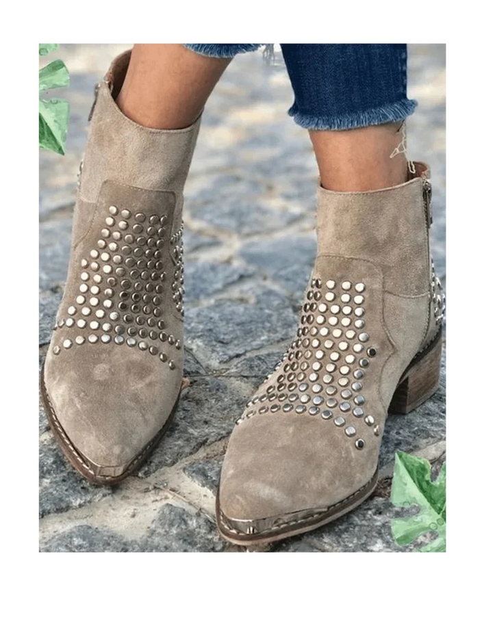 Women's Studded Suede Western Ankle Boots – Side-Zip Pointed-Toe Block-Heel