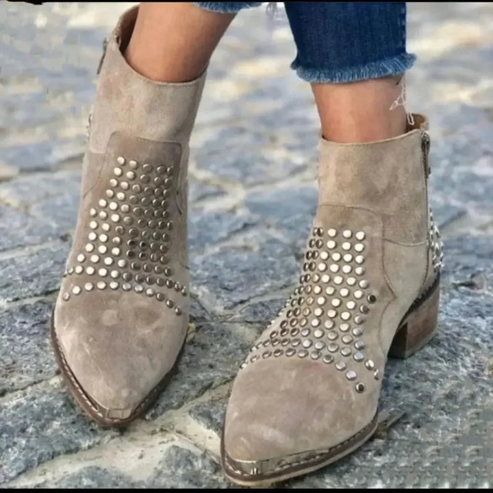 Women's Studded Suede Western Ankle Boots – Side-Zip Pointed-Toe Block-Heel