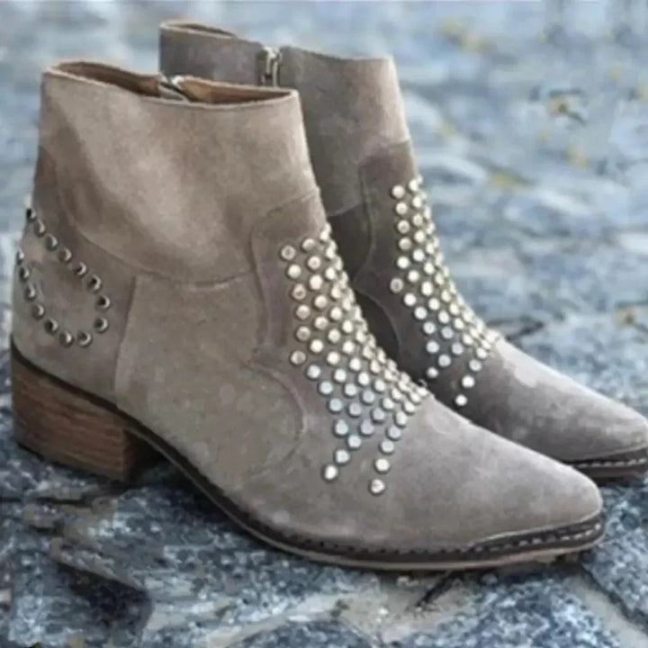 Women's Studded Suede Western Ankle Boots – Side-Zip Pointed-Toe Block-Heel