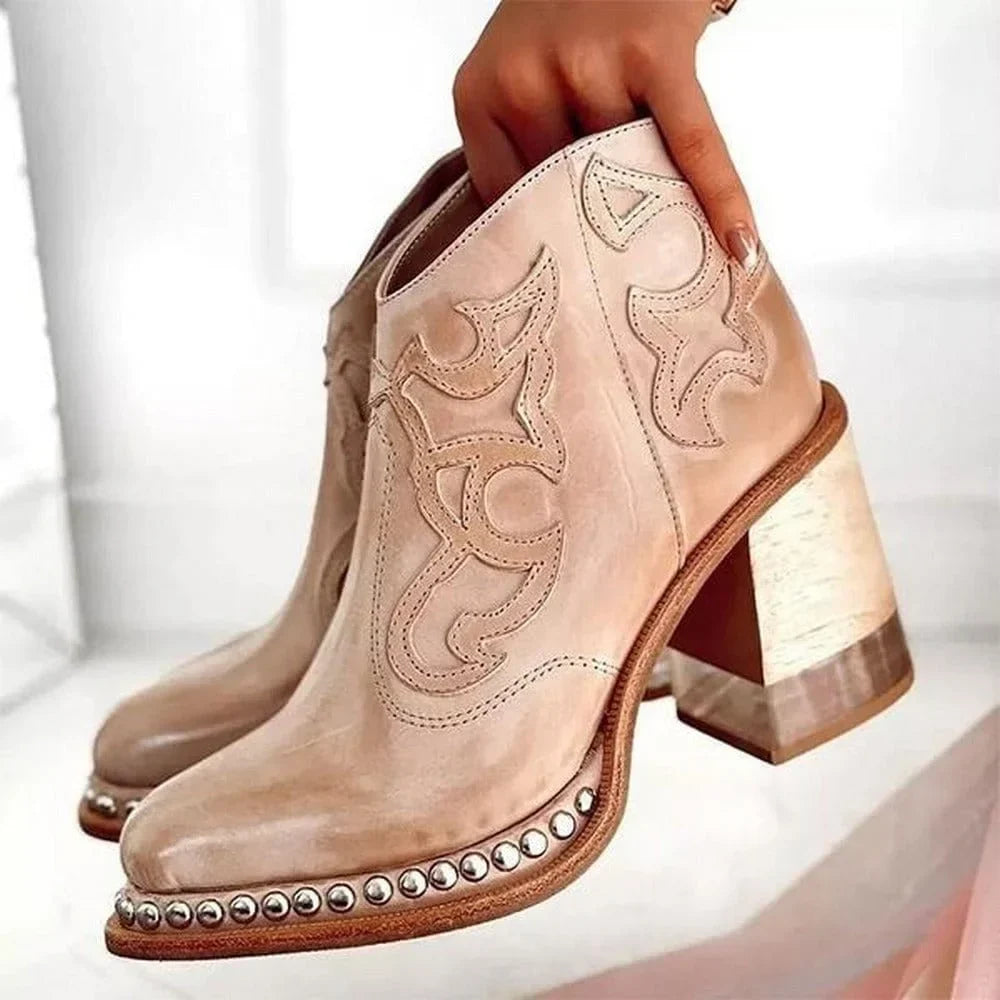 Women's Studded Western Embroidered Mule Boots – Chunky Block Heel