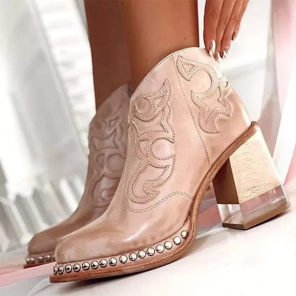 Women's Studded Western Embroidered Mule Boots – Chunky Block Heel