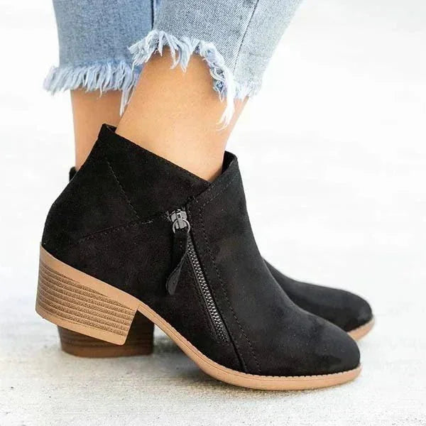 Women's Suede Ankle Boots – Side-Zip Low-Heel Design