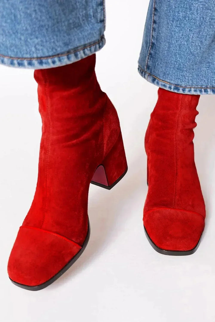 Women's Suede Ankle Square-Toe Block-Heel Boots – Back-Zipper