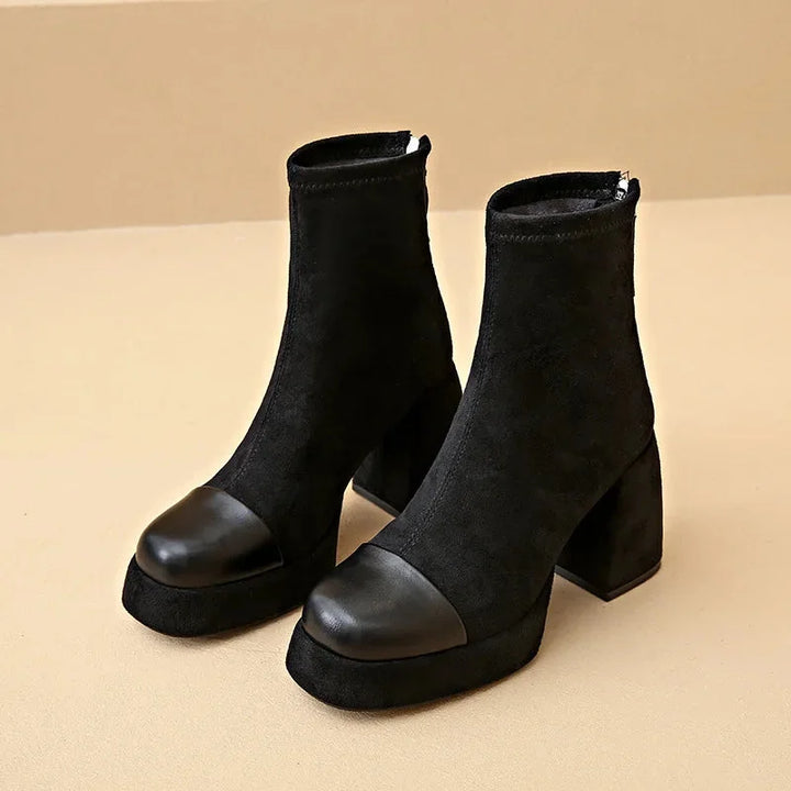 Women's Suede Chunky-Heel Platform Boots – Square-Toe And Back-Zip