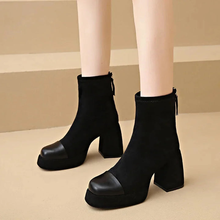 Women's Suede Chunky-Heel Platform Boots – Square-Toe And Back-Zip