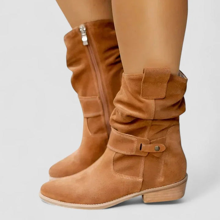 Women's Suede Comfort Slouchy Ankle Boots – Zipper And Buckle Detail