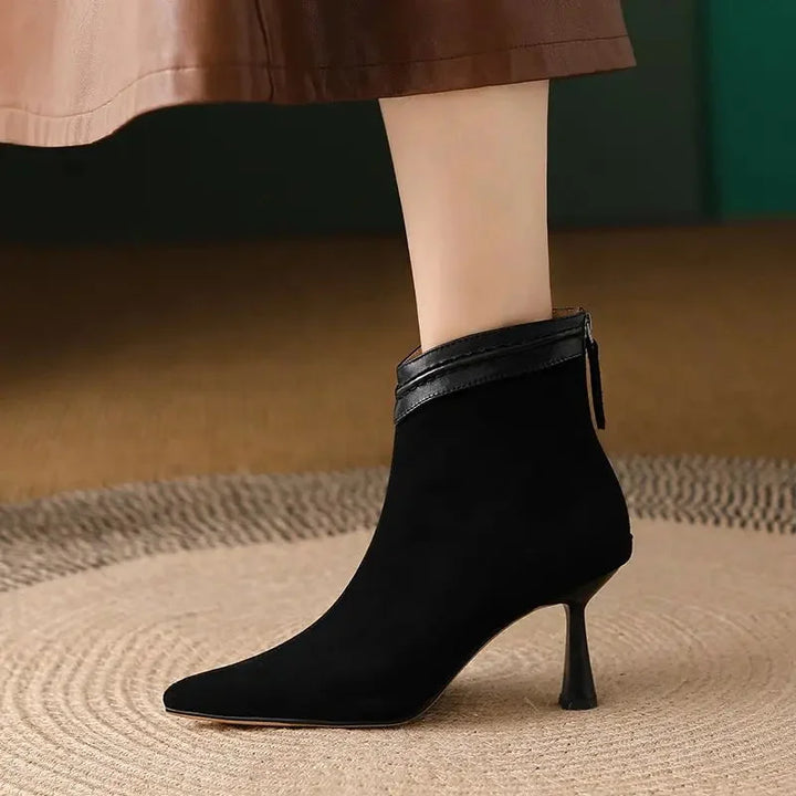 Women's Suede Pointed-Toe Ankle Boots – Back-Zip And Sculptural Heel