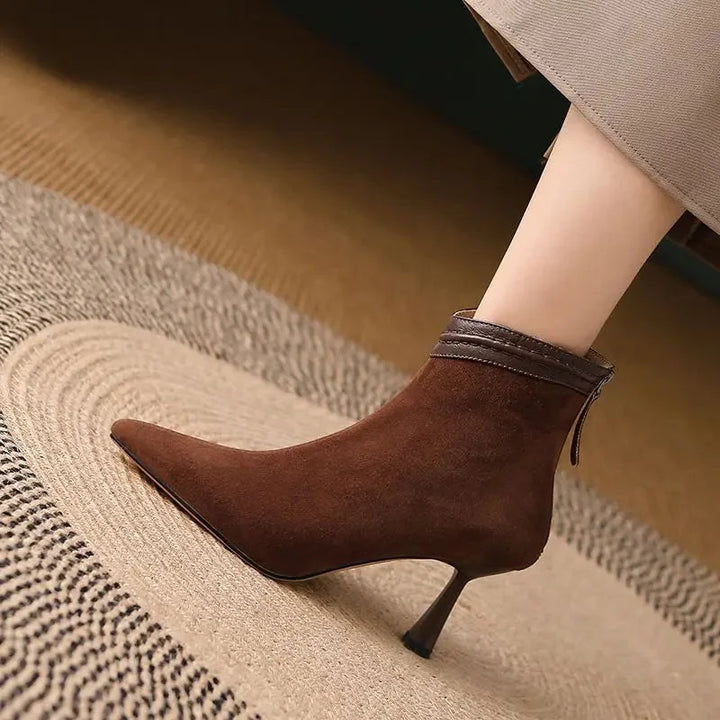 Women's Suede Pointed-Toe Ankle Boots – Back-Zip And Sculptural Heel