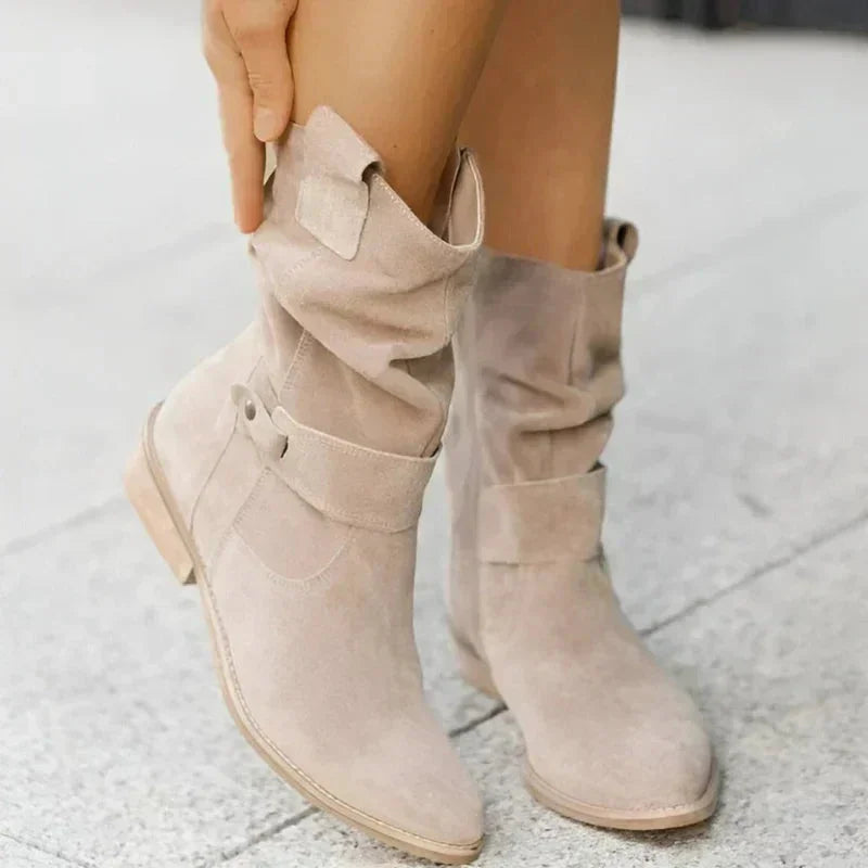 Women's Suede Slouchy Mid-Calf Boots – Side-Zipper And Buckle Detail
