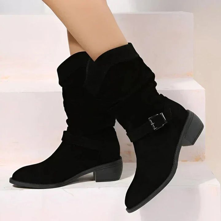 Women's Suede Slouchy Mid-Calf Boots – Side-Zipper And Buckle Detail