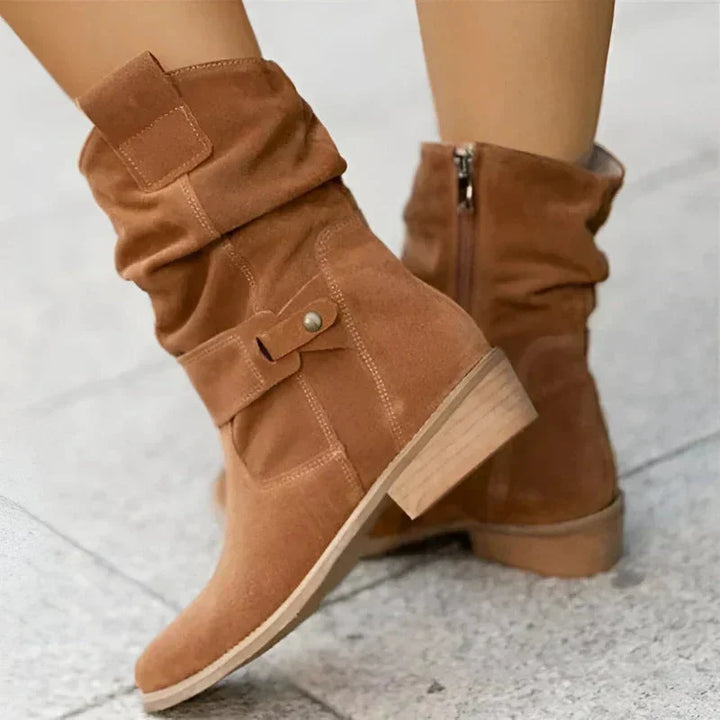 Women's Suede Slouchy Mid-Calf Boots – Side-Zipper And Buckle Detail