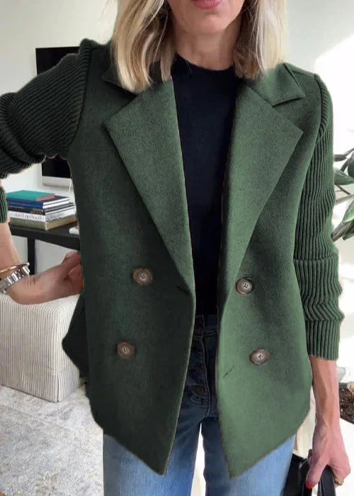 Women's Tailored Double-Breasted Peacoat – Ribbed Knit Sleeves
