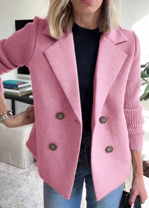 Women's Tailored Double-Breasted Peacoat – Ribbed Knit Sleeves