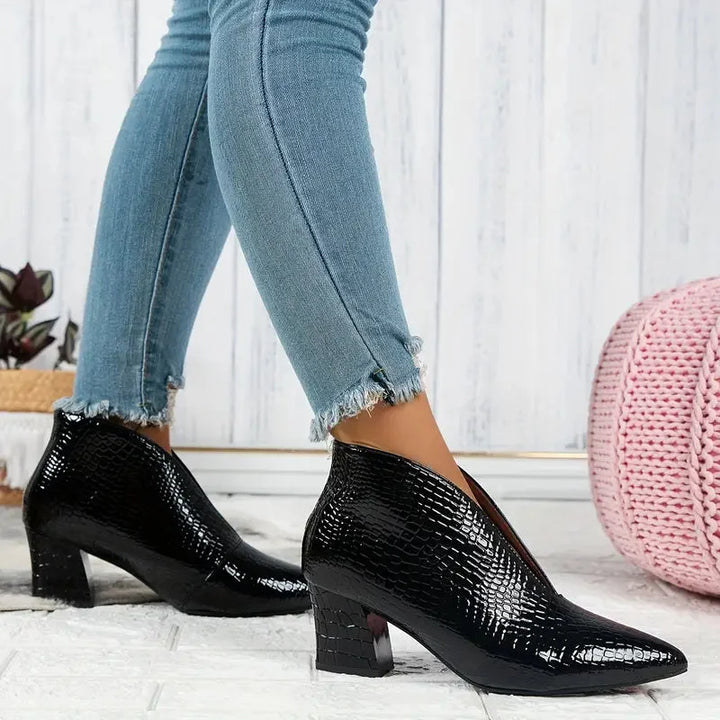 Women's Textured Ankle Boots – V-Cut Opening And Mid Block Heel