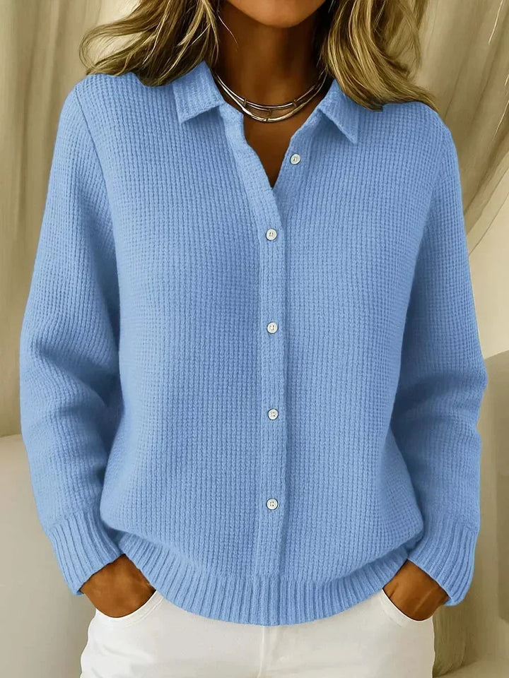 Women's Textured Knit Cardigan Sweater – Button-Front Collared V-Neck