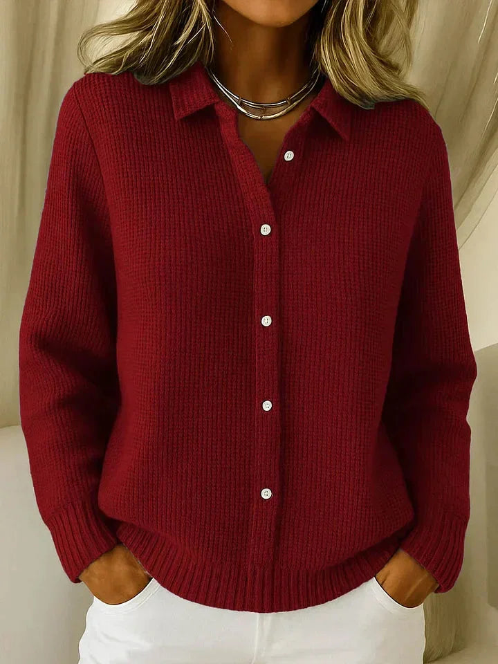 Women's Textured Knit Cardigan Sweater – Button-Front Collared V-Neck