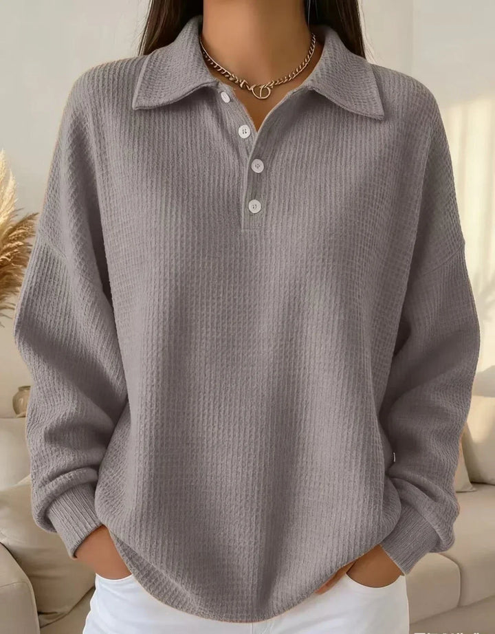 Women's Textured Knit Polo Sweater – Long-Sleeve And Buttoned Placket