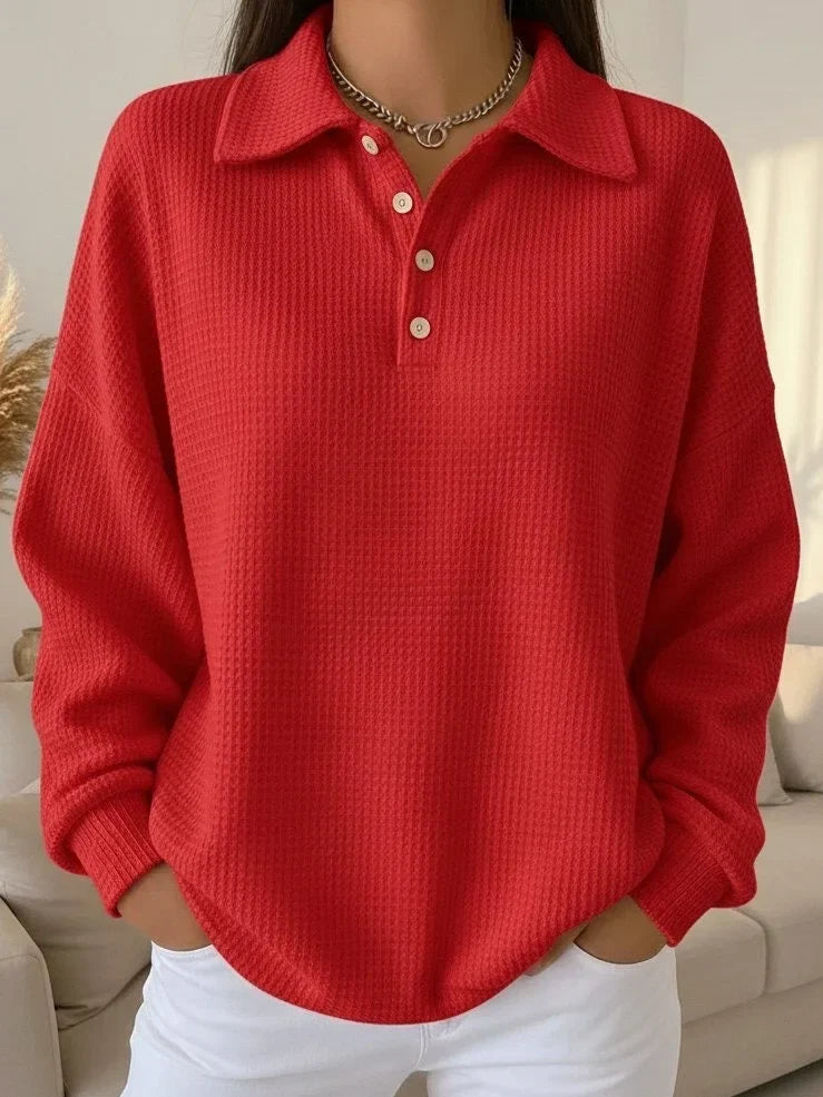 Women's Textured Knit Polo Sweater – Long-Sleeve And Buttoned Placket