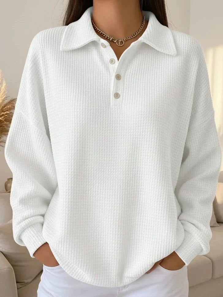 Women's Textured Knit Polo Sweater – Long-Sleeve And Buttoned Placket