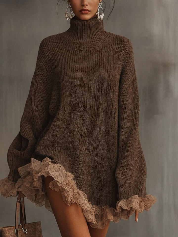 Women's Knitted Dress – High-Neck Knit Lace Trim