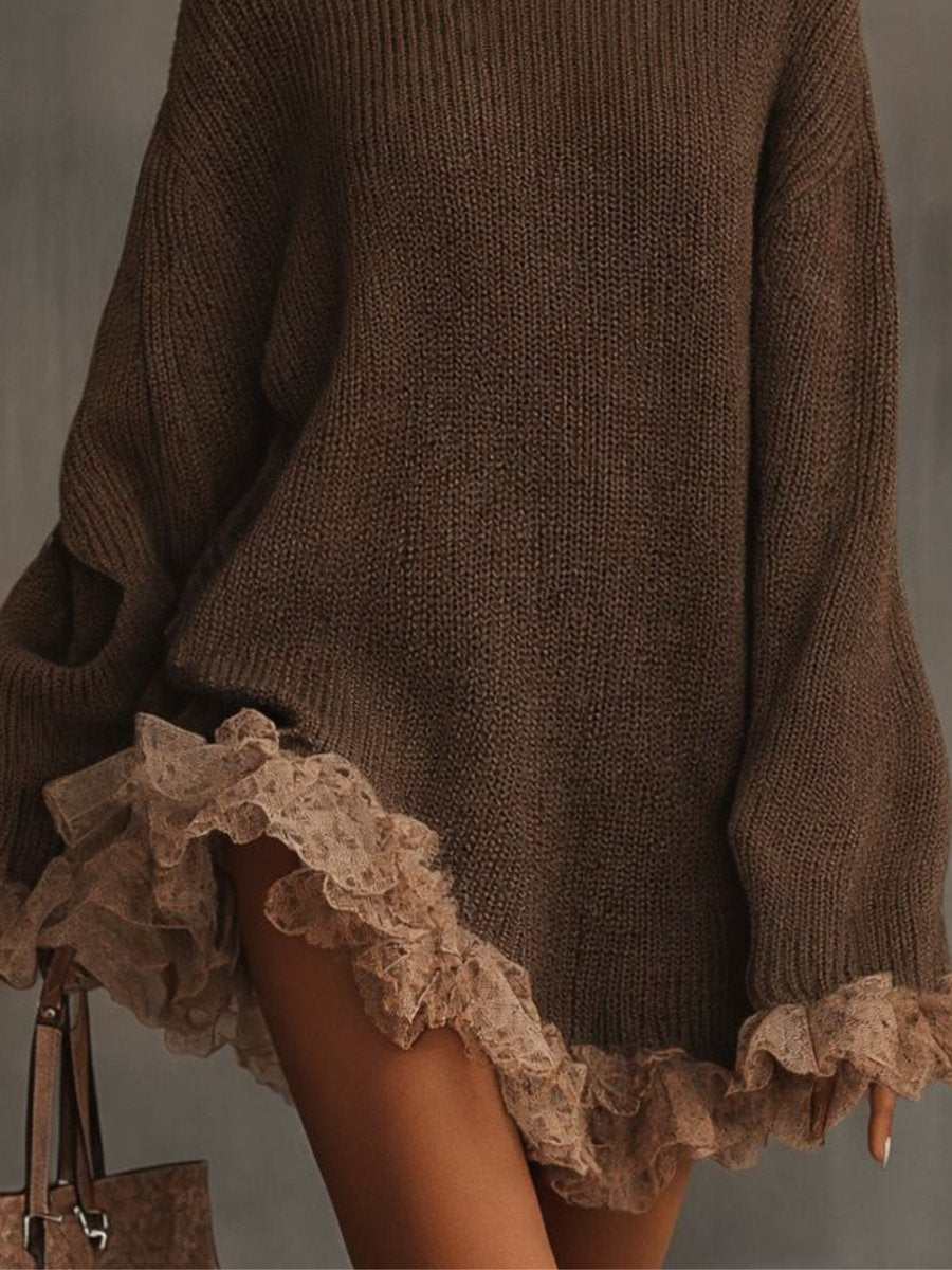 Women's Knitted Dress – High-Neck Knit Lace Trim