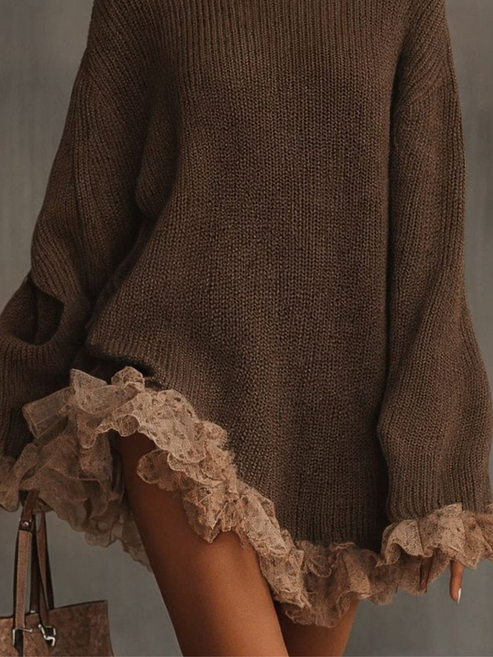 Women's Knitted Dress – High-Neck Knit Lace Trim