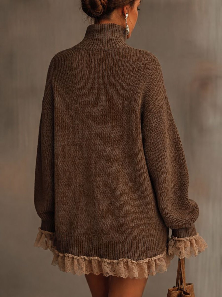 Women's Knitted Dress – High-Neck Knit Lace Trim