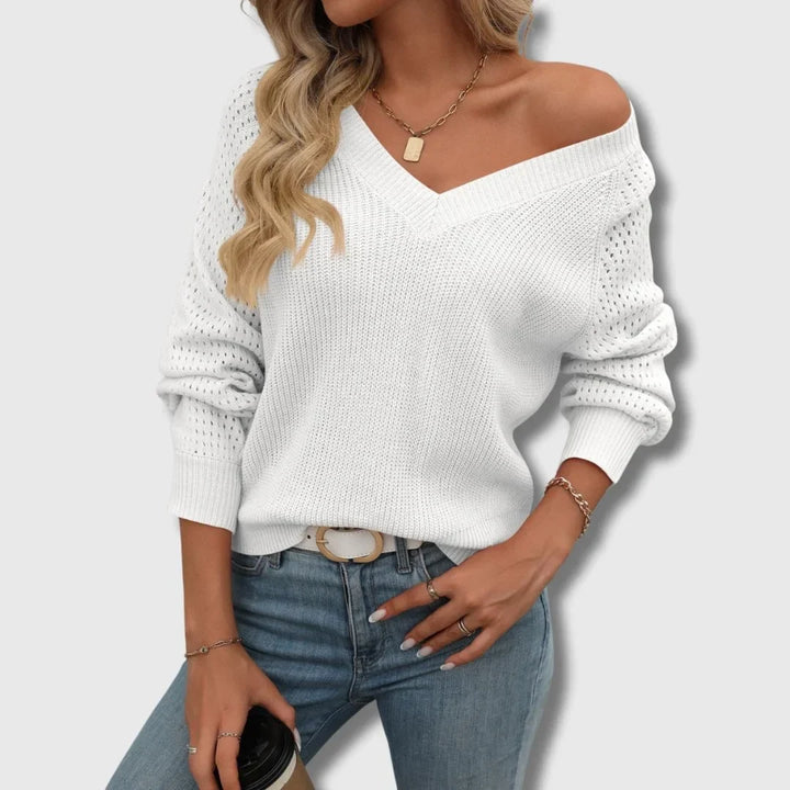 Women's V-Neck Knit Sweater – Open-Knit Long Sleeves